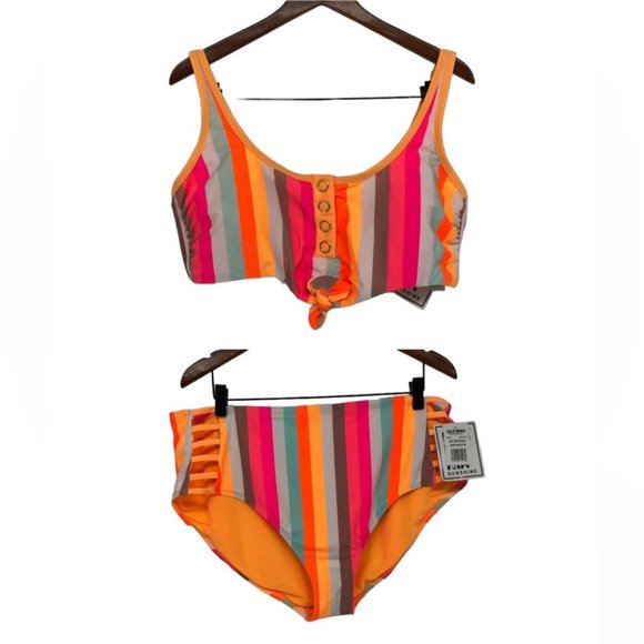 NWT California Dunshine Orange multi colorblock striped plus size Bikini Set 3X - Picture 2 of 14